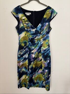 Kay Unger Multicolor Abstract Cap-Sleeve Midi Dress in Navy, Green & Purple